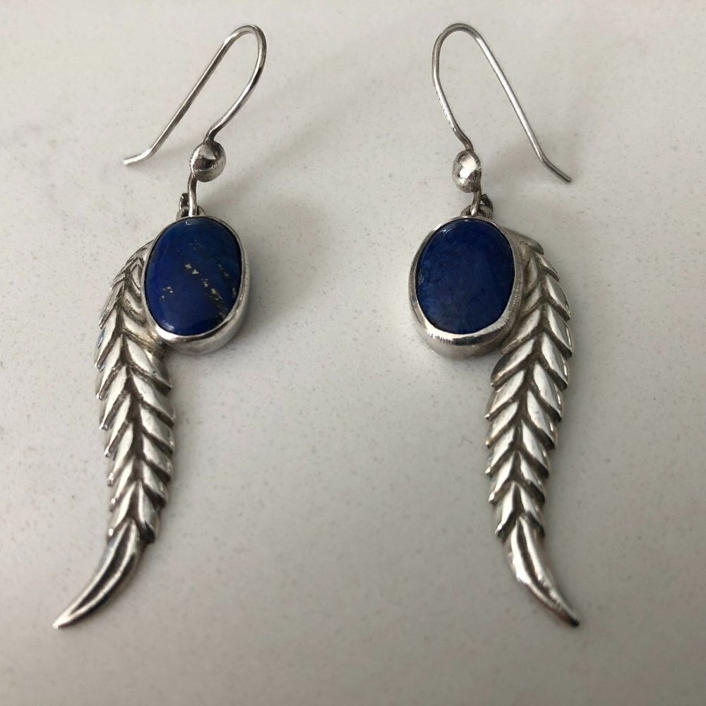 Vintage Genuine Lapis and Silver 325 Stamped Earrings w Feather Design Size OS